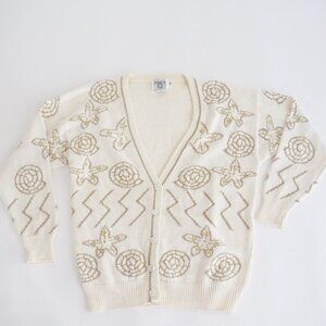 Vintage Cervelle Cream Gold Embroidered Beach Theme Button Up Knit Cardigan Xl